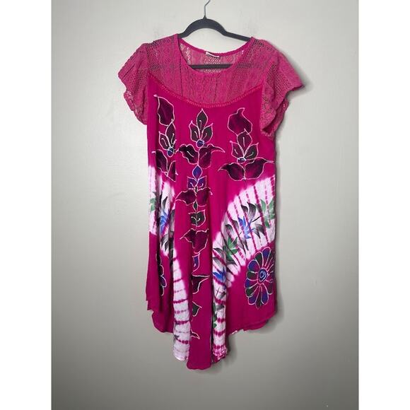 Pepper Free Size Pink Dress Asymmetric Floral Tie Dye Lace Beachy Boho Hippie - Picture 1 of 8